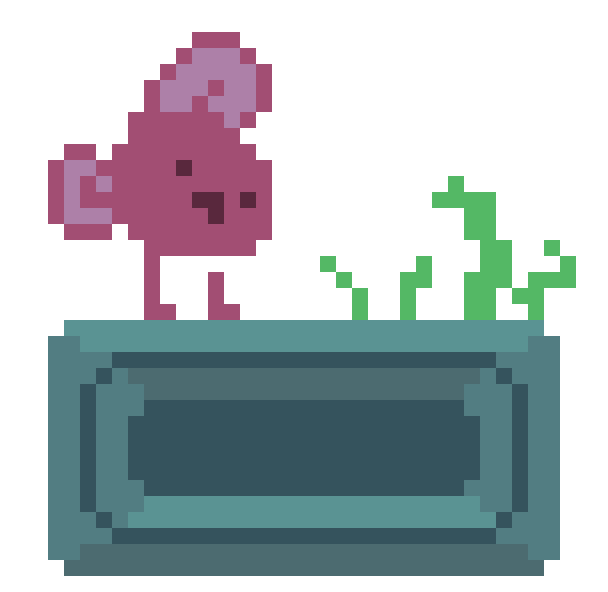 An image of a little pixel art fish-like creature standing atop a chiseled-stone looking platform. The platform has the fish standing on one edge, and a couple bits of seaweed growing on the other. You gaze upon this image and feel a sense of serenity wash over you. It feels good.